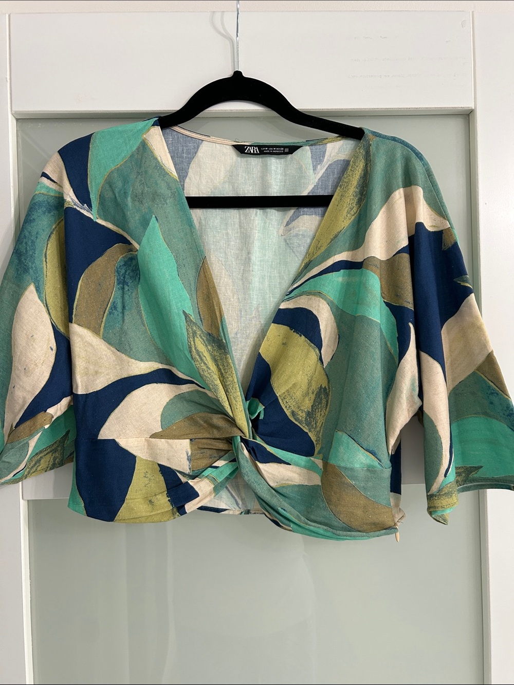 Zara Linen  Teal Navy Abstract Twist-Front Crop Top. Size Medium